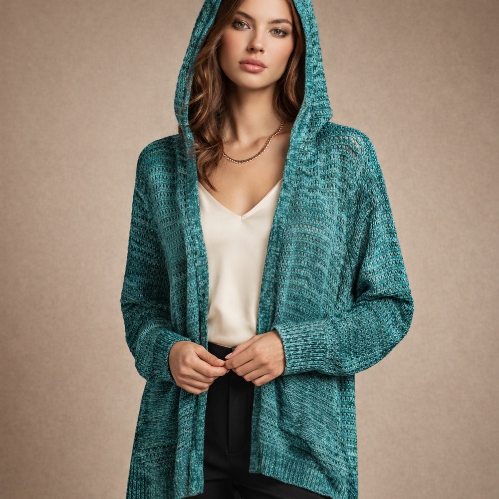 Elegant Teal Hooded Cardigan